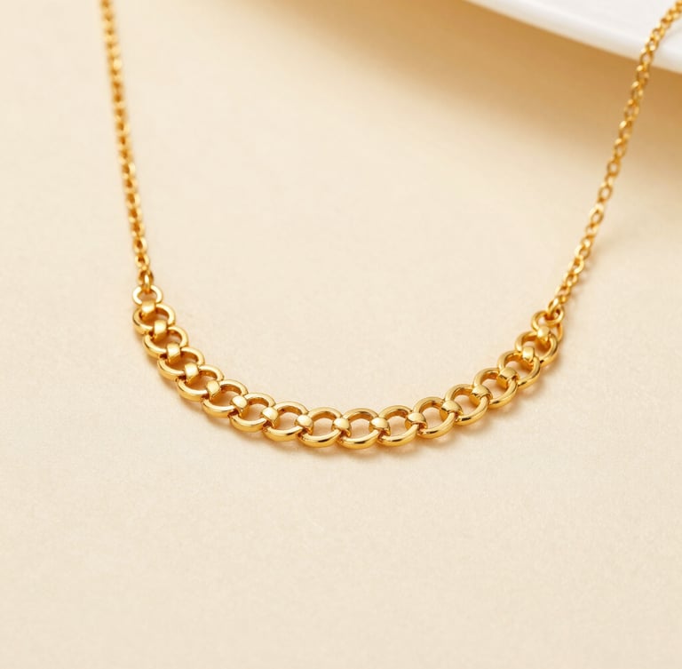 Macro photography of an exquisite handcrafted 22-karat gold necklace, soft warm studio light reflecting off delicate gold filigree, cream and champagne background, shallow depth of field