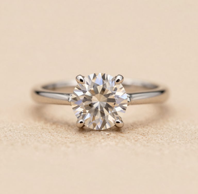 Extreme close-up of a flawless certified diamond ring, soft warm light highlighting the brilliant facets and platinum band, elegant minimal setting