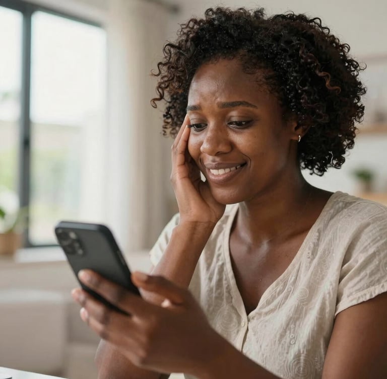 A close-up of a smiling Cameroonian mother in a bright, modern home in Douala, holding her phone and looking relieved, soft natural window light, premium editorial style.