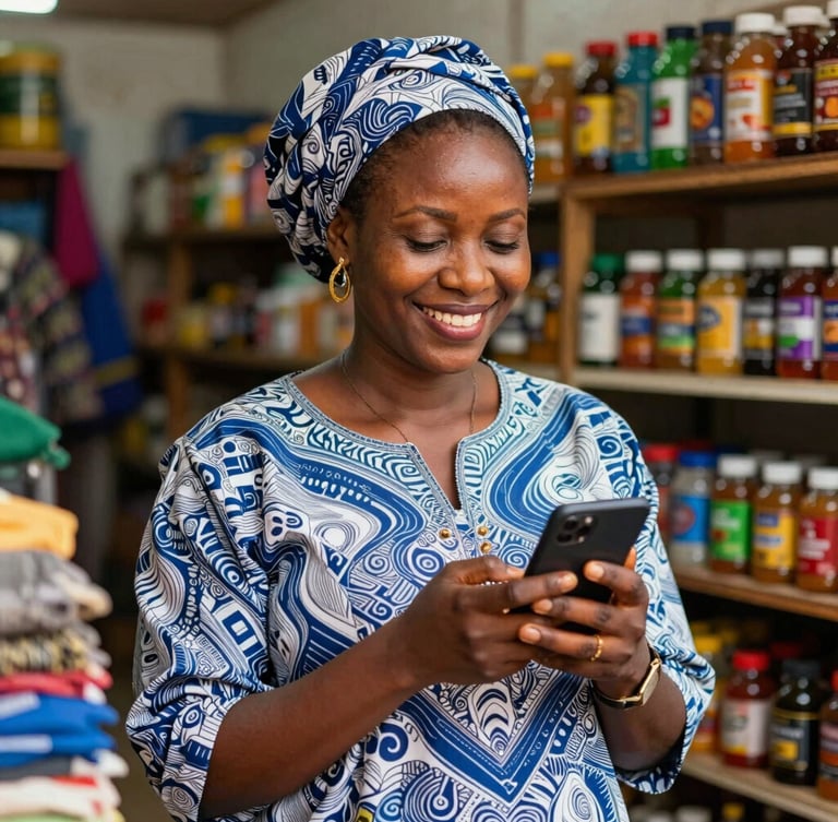 Dignified Cameroonian merchant in Douala smiling in her active retail shop, holding a smartphone, bright natural daylight, high clarity