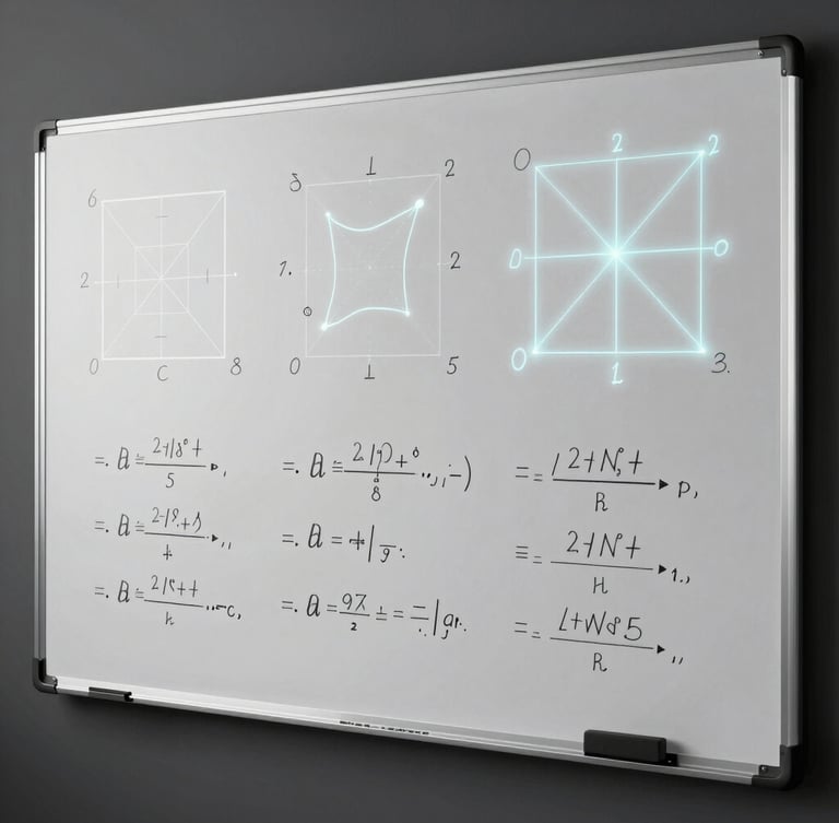 High-fidelity digital whiteboard mockup featuring crisp, glowing mathematical annotations, clean geometric coordinate planes, and structured algebraic proofs over a dark interface.