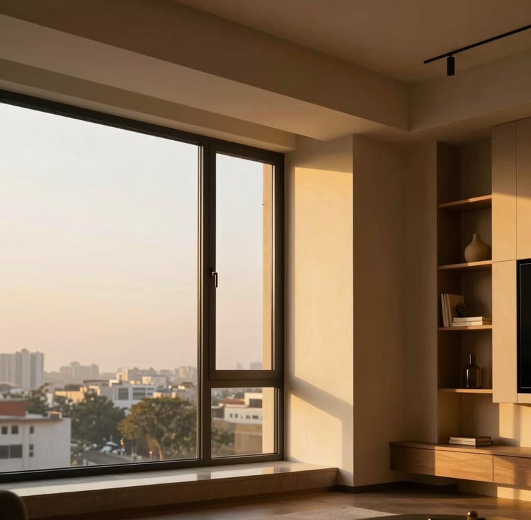 A warm, sun-drenched modern apartment interior in Mumbai, elegant minimalist decor, large window showing soft golden hour light, architectural detail