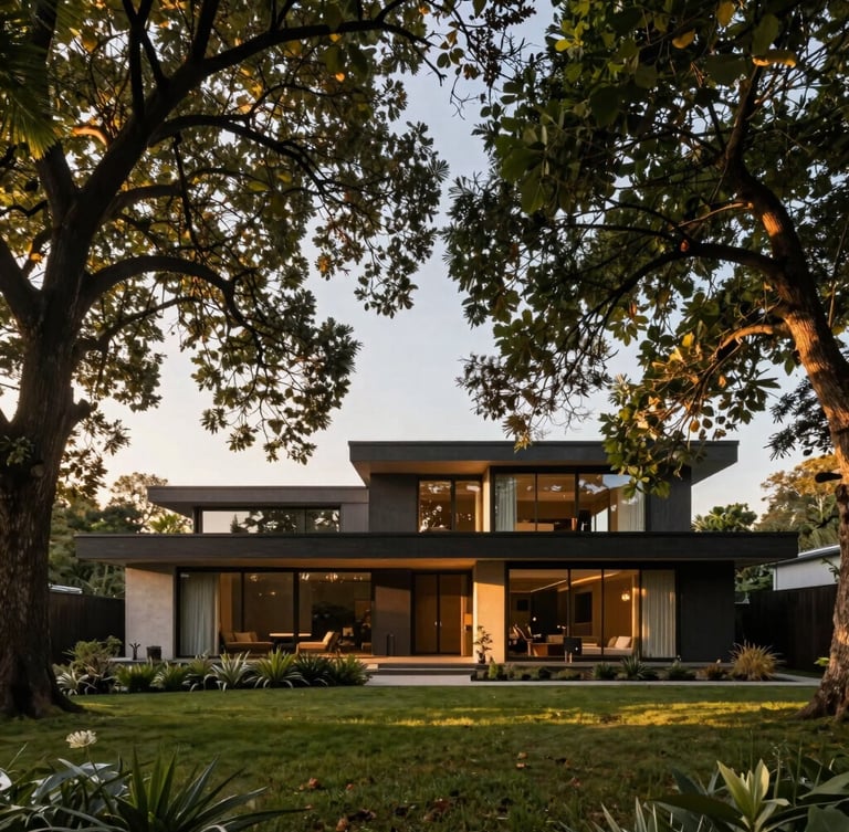 Wide environmental shot of a modern architectural home framed by a mature tree canopy, golden-hour natural light, 35mm