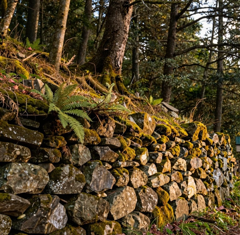 A finished stone masonry retaining wall blending into a mature forest hillside, soft overcast morning light, rich mosses and ferns growing in the crevices
