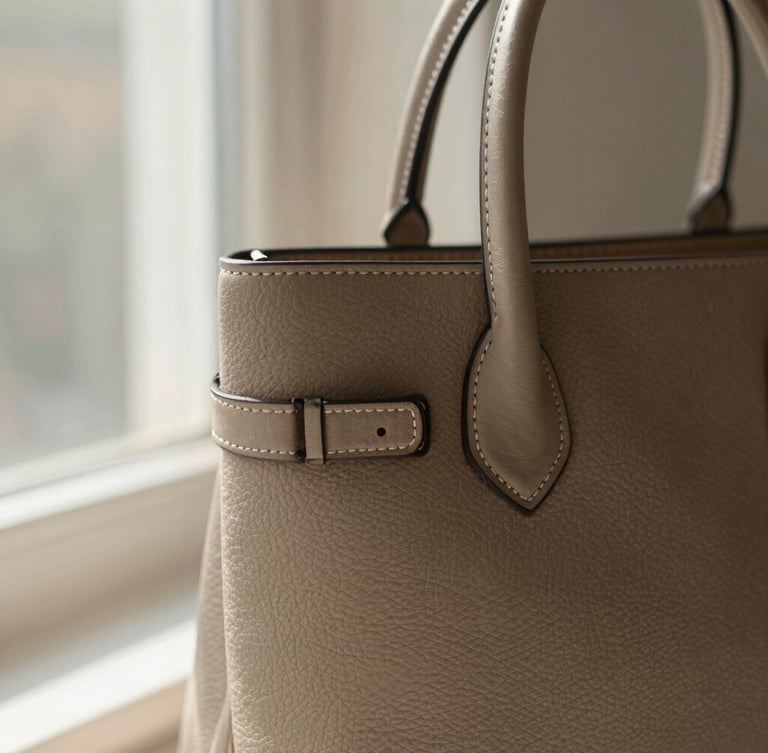 Warm editorial portrait of structured taupe leather handbag stitching, soft directional morning sunlight, neutral tones, shallow depth of field, 35mm