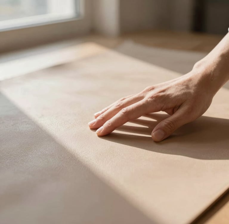 Hands of a master artisan touching a large sheet of warm taupe full-grain leather, soft directional morning sunlight, shallow depth of field, 35mm