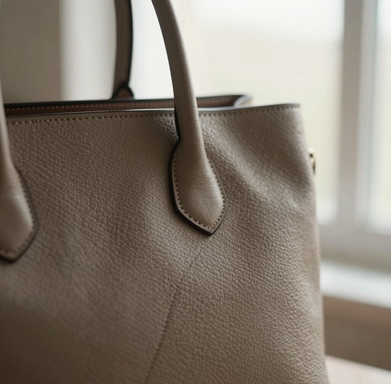 Extreme close-up of a structured leather handbag silhouette, soft morning window light, warm neutral tones, shallow depth of field, 35mm