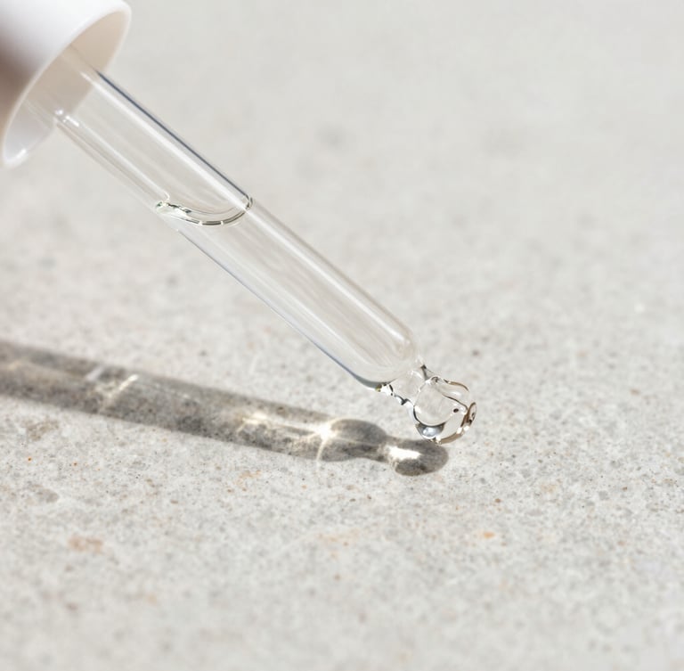 Macro close-up of a minimalist clear glass peptide dropper bottle on a clean, light grey stone surface, bright natural daylight, soft shadows, sharp focus