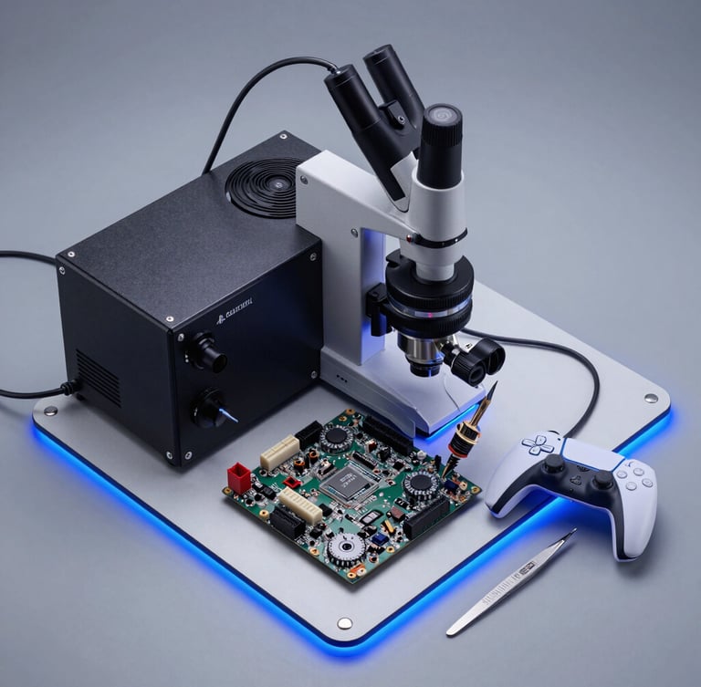 Overhead flat-lay of a professional soldering station, digital microscope, precision tweezers, and a disassembled PlayStation 5 mainboard on an anti-static mat, cool blue rim lighting