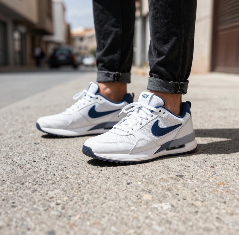 Low-angle dynamic shot of trendy sneakers on a textured concrete street in Casablanca, bright natural daylight, high contrast urban tones