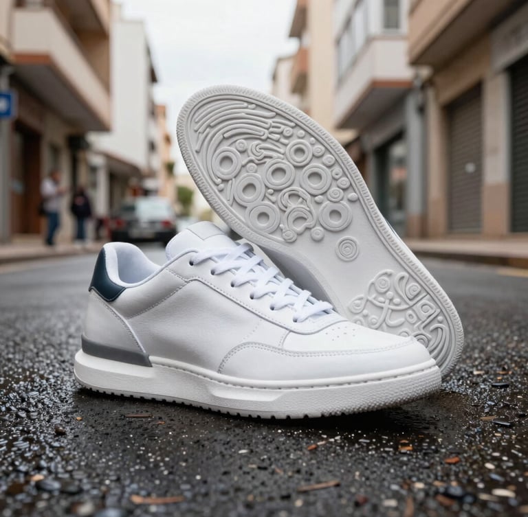 dynamic street style photography of a sleek modern sneaker on wet asphalt of a Casablanca street, bright natural daylight, high contrast urban tones, low angle 35mm lens focusing on the sole texture and clean stitching