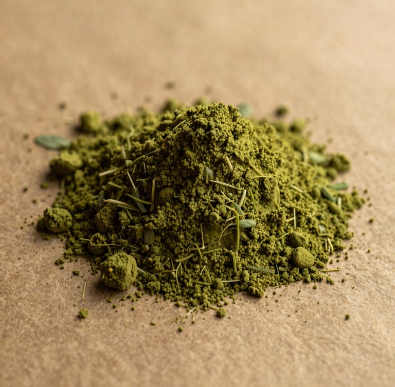 Macro shot of vibrant green moringa powder with fine texture on a raw kraft-paper background, warm golden-hour dawn light, shallow depth of field, 35mm