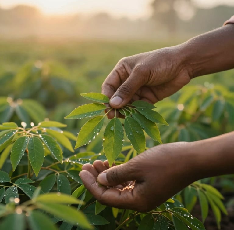 Hands carefully harvesting vibrant green moringa leaves at dawn, soft dew drops visible, golden-hour light, 35mm editorial.
