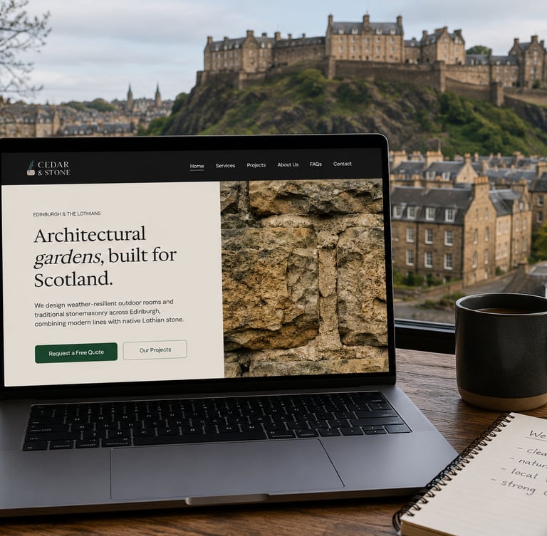 A laptop displaying a landscaping website for Cedar and Stone with Edinburgh Castle in the background.