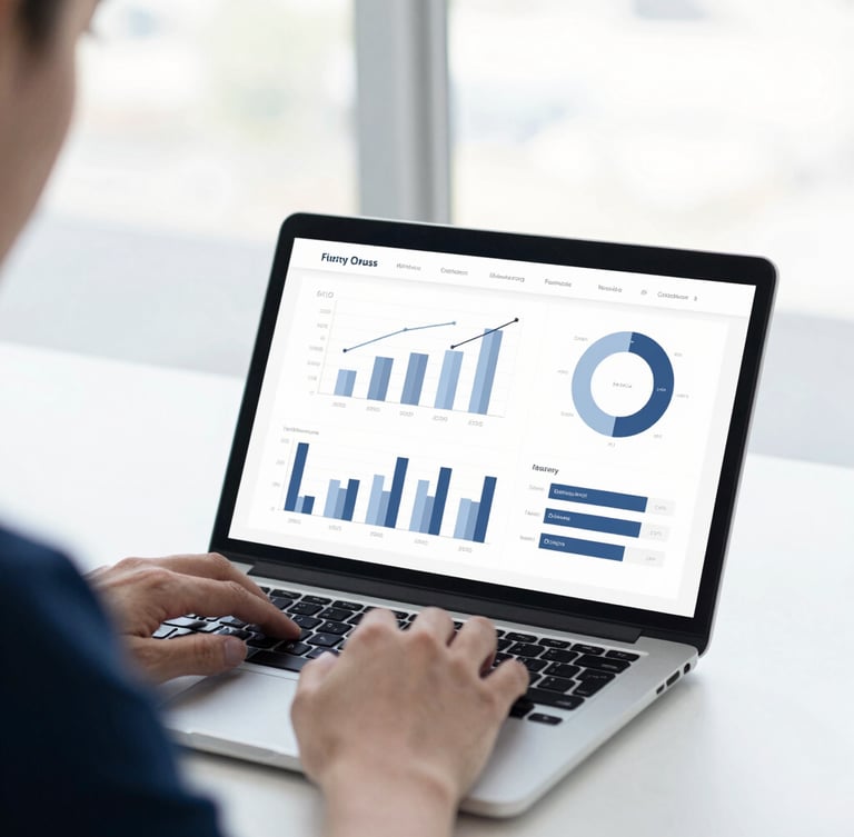 A professional consultant working on a clean laptop screen showing analytics charts in a bright, daylight-filled workspace, cool navy tones, high-contrast, shallow depth of field.