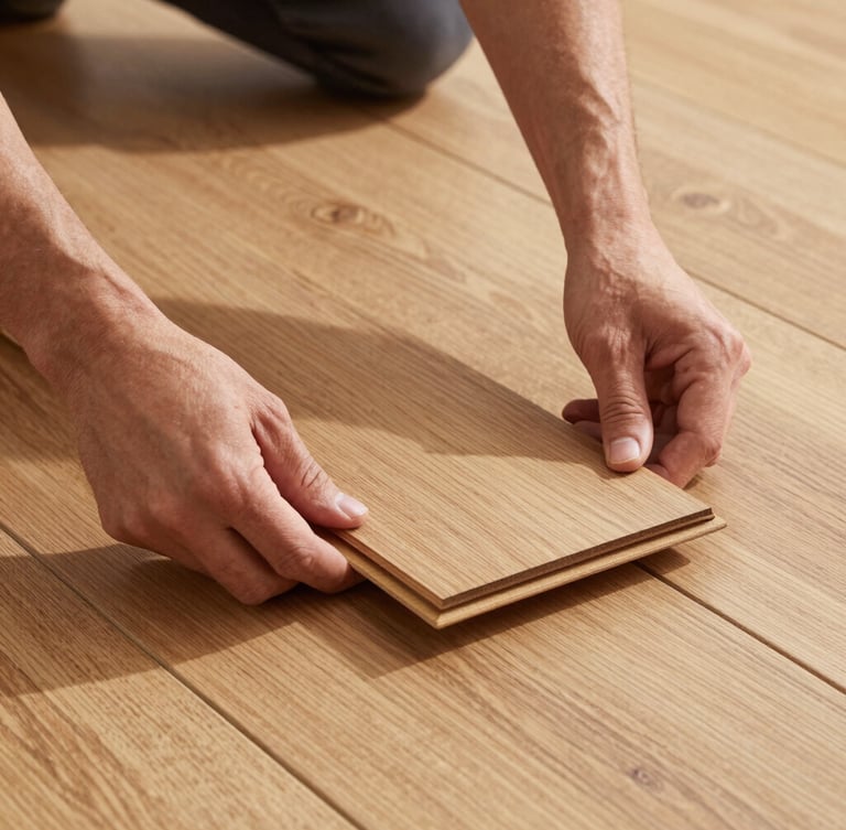A close-up of hands carefully laying down clean oak hardwood flooring planks, crisp natural New England light, visible wood grain detail.