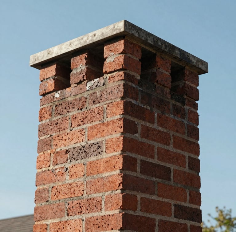 Crisp natural daylight on a clean brick chimney, close-up of fresh mortar joints and precise tuckpointing work against a clear Massachusetts sky.