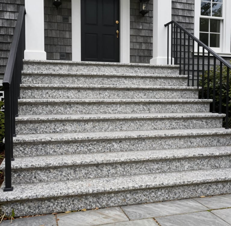 Wide shot of newly installed granite entry steps on a classic Massachusetts shingle-style home, clean lines, natural New England daylight.