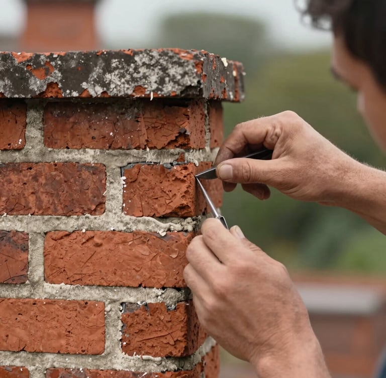 Close-up of a craftsman's hands carefully tuckpointing a historic brick chimney, red clay bricks, fresh white mortar joints, natural daylight.