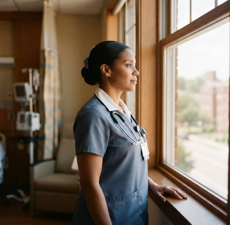 A dignified portrait of a nurse in a warm, sunlit room, looking thoughtfully out a window, soft natural light, muted slate and sand tones, 35mm.