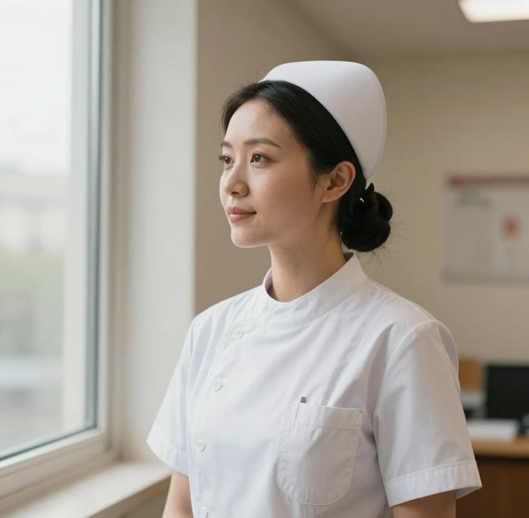 Dignified portrait of a female nurse in a non-clinical warm office setting, looking thoughtfully out a window, soft natural light, shallow depth of field, 35mm.