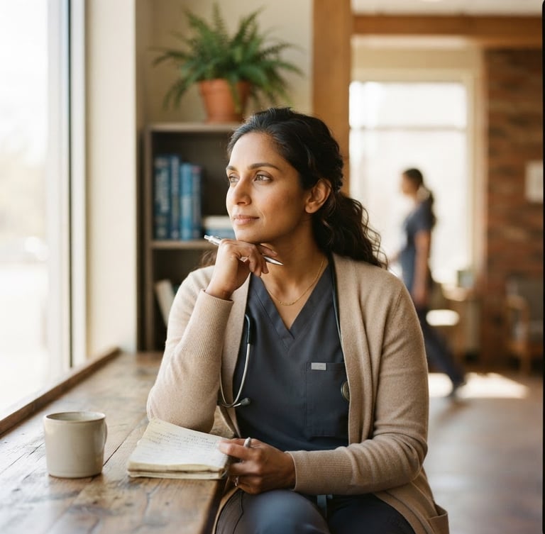 Warm editorial portrait of a healthcare professional in a relaxed, sunlit interior, looking thoughtful and composed, shallow depth of field, 35mm.