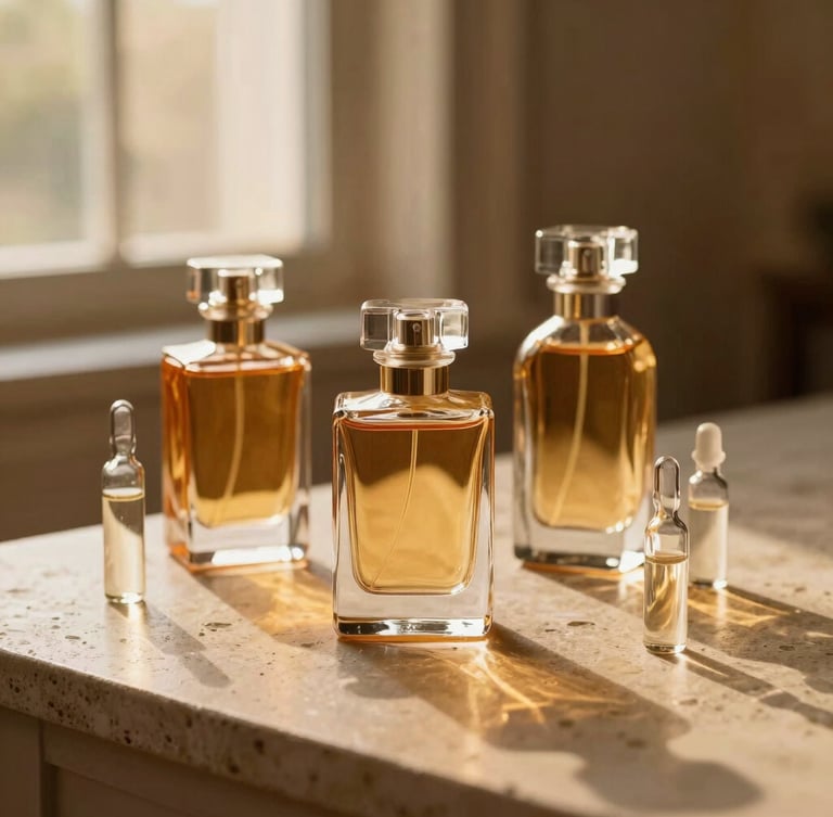 Warm editorial photography of premium glass perfume bottles alongside small glass decant vials on natural stone, soft golden-hour window light, rich amber tones, 35mm