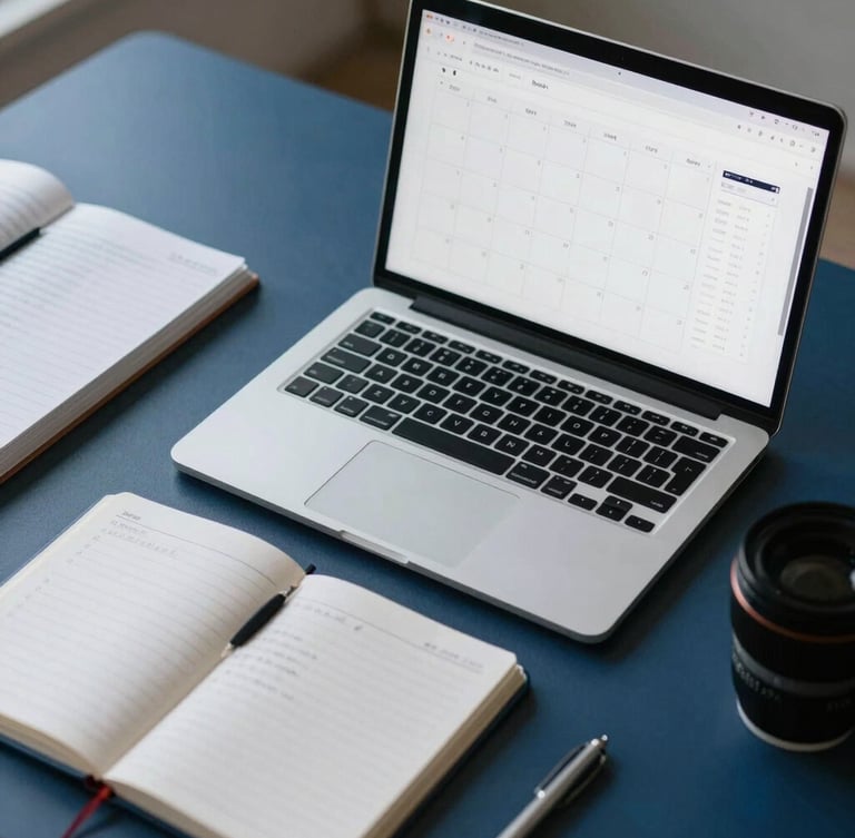 Crisp daylight flat-lay of an organized modern workspace, a sleek laptop showing a clean calendar interface, a notebook with structured notes, cool blue tones, professional aesthetic.