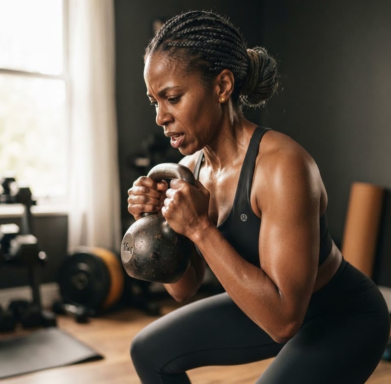 A sharp, close-up athletic portrait of a mid-career professional in a clean home gym, bright natural window light, desaturated charcoal tones with warm amber highlights, shallow depth of field
