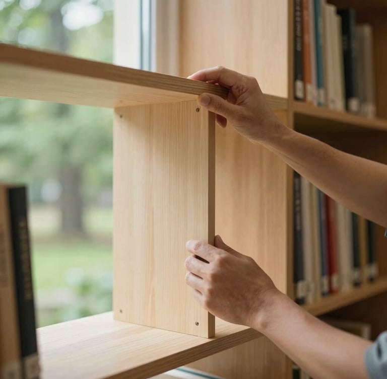 Hands of local carpenters assembling sturdy wooden bookshelves in a sunlit library room, warm natural light, shallow depth of field