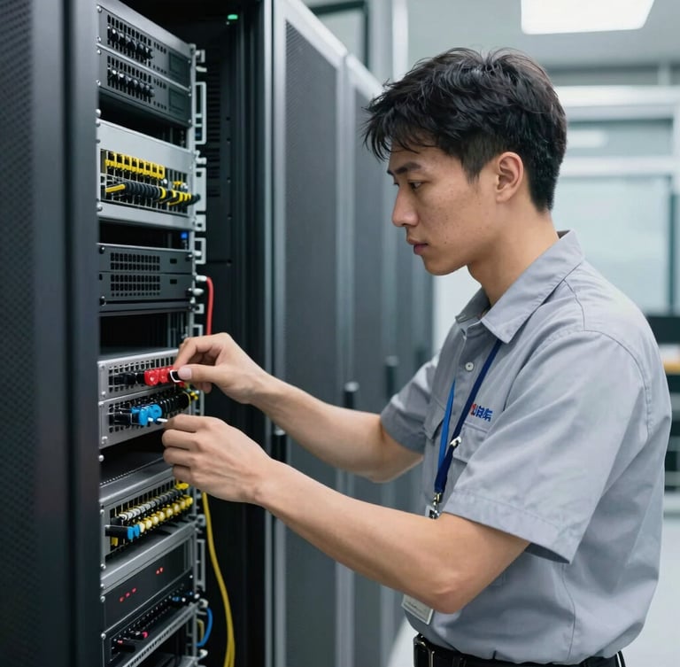 Portrait shot of a skilled technician in a clean, branded uniform, actively working on a server rack in a commercial data center. The technician is focused, with tools neatly arranged. Crisp commercial photography, bright clean lighting, industrial tech aesthetic, sharp focus, realistic colors, 35mm lens.