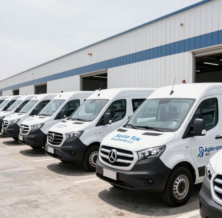 Wide shot of a fleet of branded Agile Tek Solutions LLC service vehicles parked neatly outside a commercial facility, crisp commercial photography, bright clean lighting.