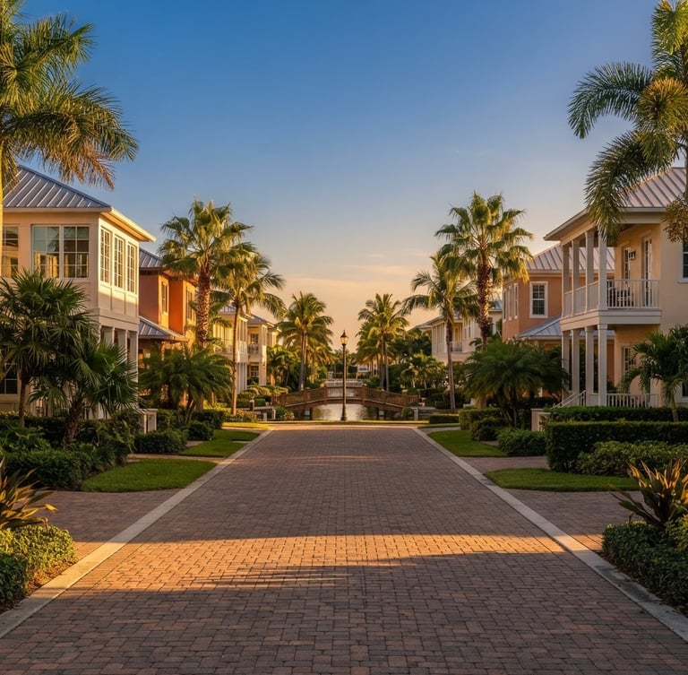 Symmetrical warm architectural photography of a sun-drenched Florida residential community with native palms, golden-hour sunlight, clean geometric lines, 35mm lens