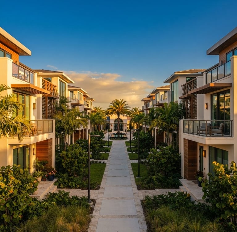 Warm architectural photography of a modern, sun-drenched residential community in Florida, golden-hour sunlight, clean symmetrical composition, 35mm lens