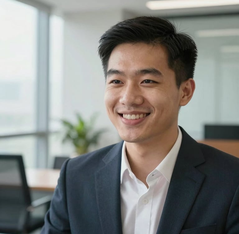 A close-up shot of a young Vietnamese man in professional attire during an online interview, smiling confidently, bright daylight from a side window, clean modern office background.