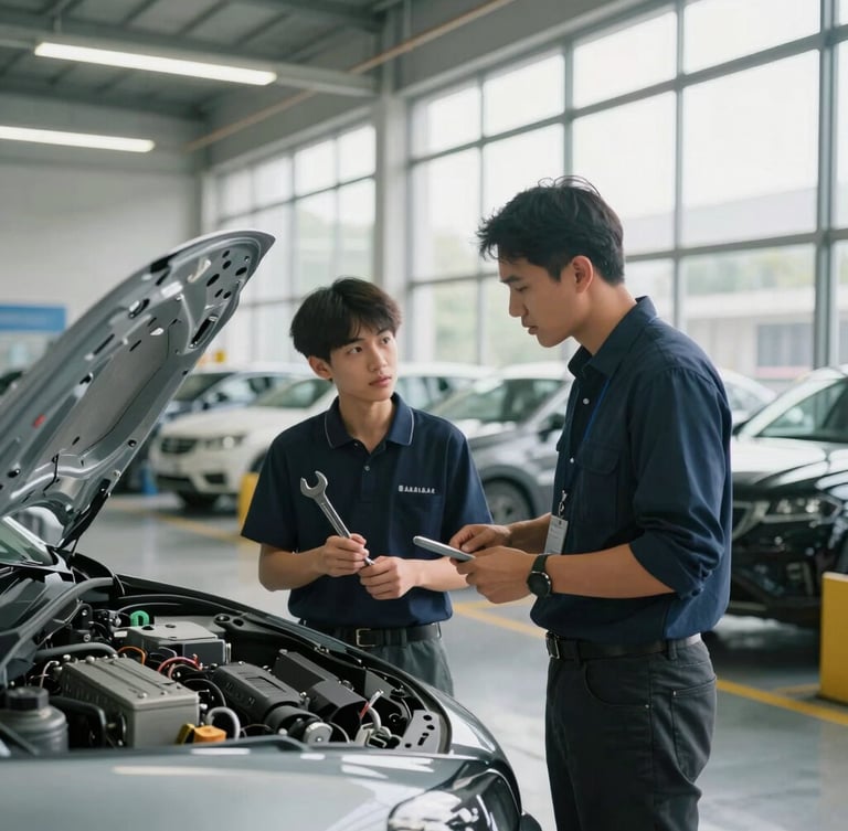 Wide environmental shot of a Vietnamese student in a clean, modern German automotive workshop, holding a wrench and discussing with a German instructor, natural daylight streaming through high windows, focused professional expressions.