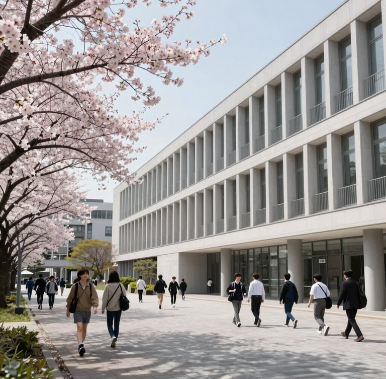 Wide-angle bright daylight shot of a modern university campus in Tokyo, cherry blossoms framing the left side, students walking naturally in the background, clean architectural lines.
