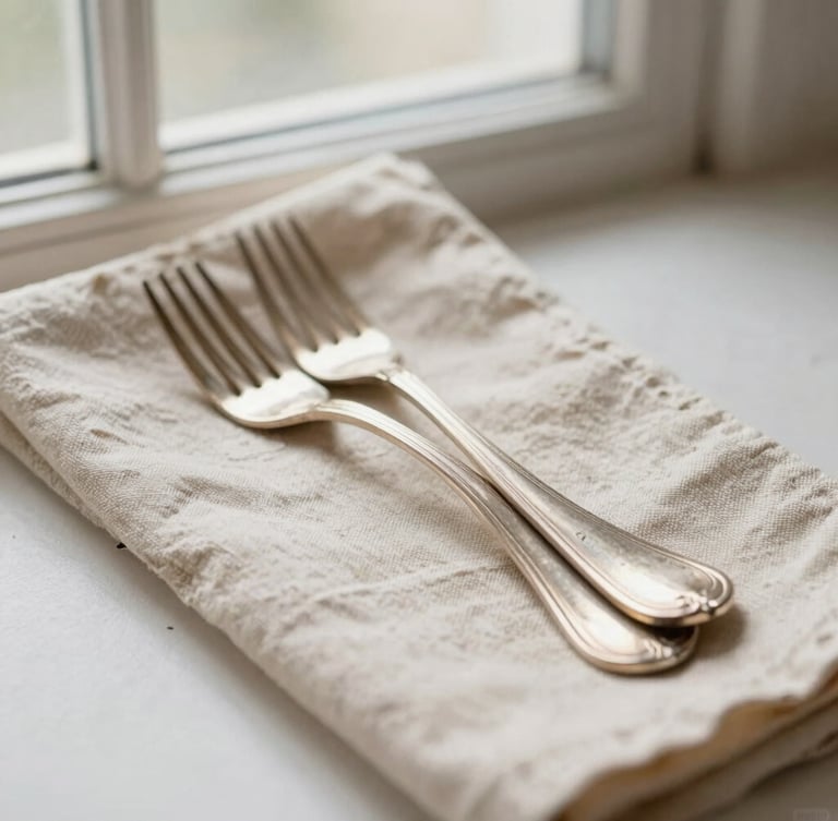 Warm editorial photography of tarnished silver-plated forks stacked on a rustic cream-colored linen cloth, soft natural window light, shallow depth of field, 35mm.