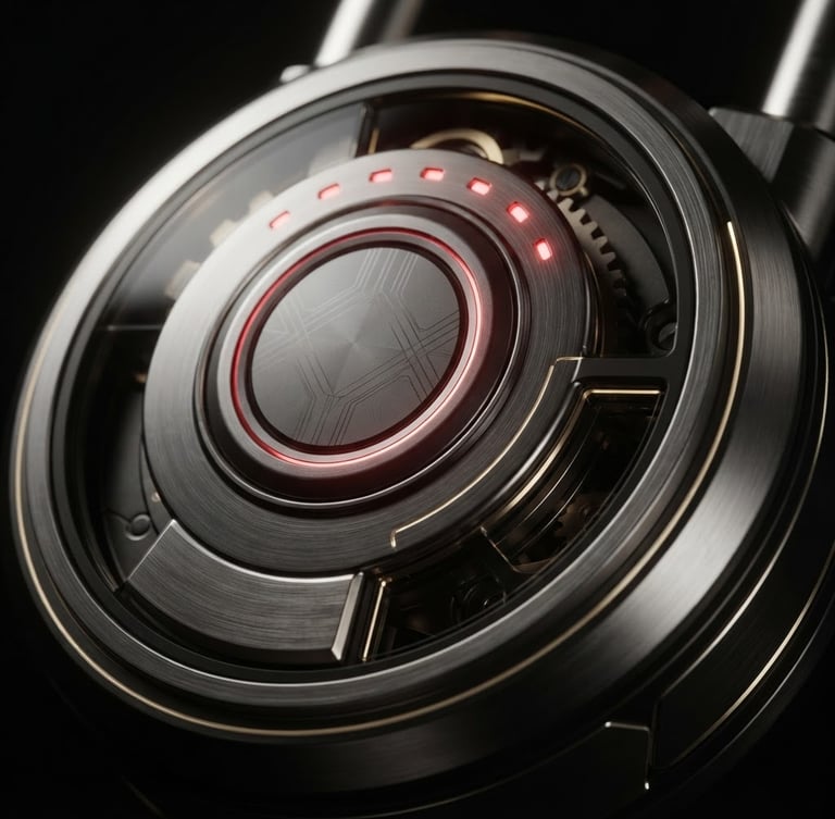 Macro close-up of a sleek digital metallic lock with subtle glowing red accents, dark-mode aesthetic, 3d render, cinematic lighting