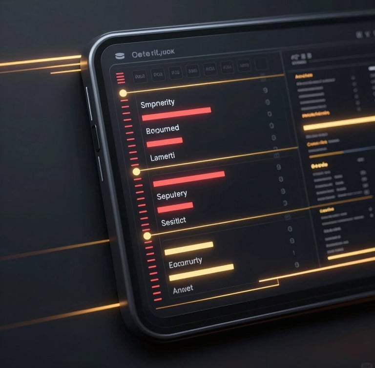 Sleek dark-mode digital interface showing real-time security logs, elegant golden light streaks, clean metallic textures, cinematic lighting, 3d render