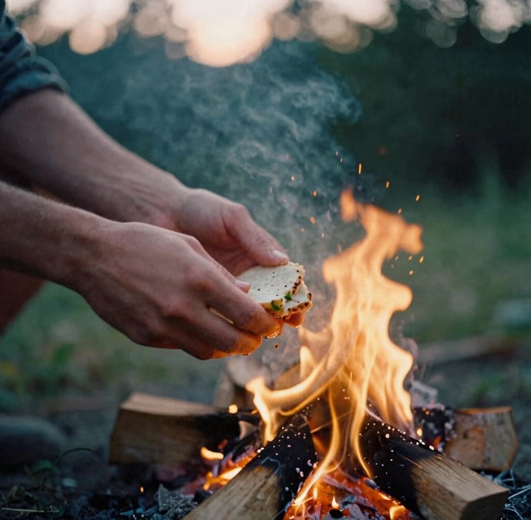 A close-up of hands preparing fresh food over a warm, crackling campfire, soft twilight forest background, analog film texture, shallow depth of field