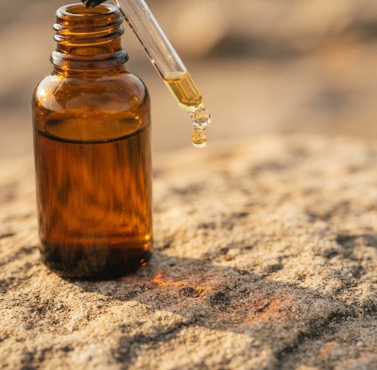Macro close-up of a heavy glass dropper bottle casting soft shadows on textured sand stone, a single golden oil droplet suspended, warm golden-hour window light
