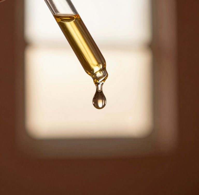 Macro close-up of a single golden oil droplet falling from a heavy glass dropper, soft golden-hour window light, warm terracotta background, shallow depth of field