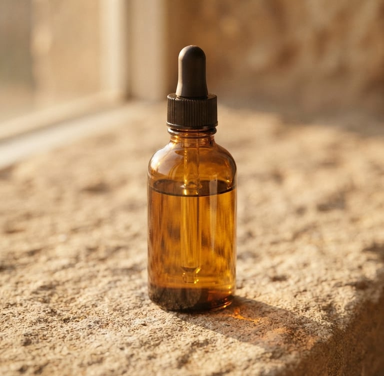 Macro close-up of a heavy glass dropper bottle casting soft shadows on a textured sand-colored stone surface, warm golden-hour window light, shallow depth of field