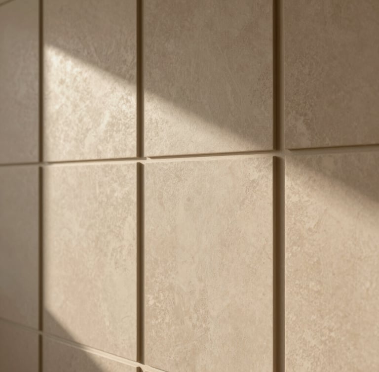 Detail shot of premium textured architectural wall panel, soft shadows, warm beige and sand tones, elegant minimalist composition, high-end editorial photography, 35mm