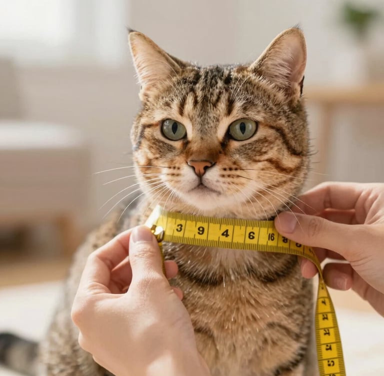 Close-up of gentle hands holding a soft yellow measuring tape around the chest of a calm tabby cat, bright warm natural light, shallow depth of field, 35mm lens