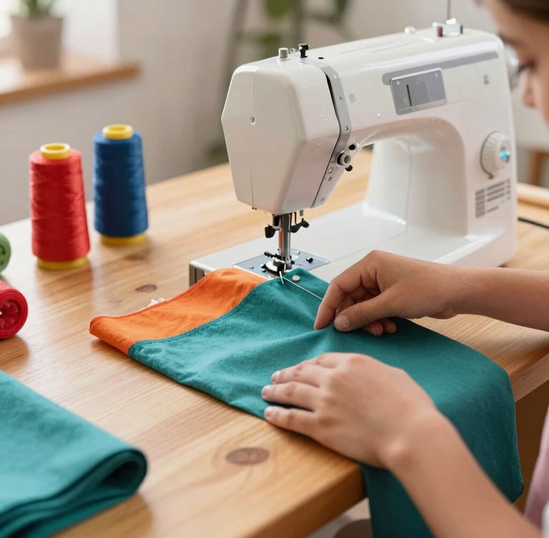 Warm natural light photo of a family workshop in Celaya, with hands carefully cutting colorful teal fabric on a clean wooden table, sewing machine and threads in the background, shallow depth of field.