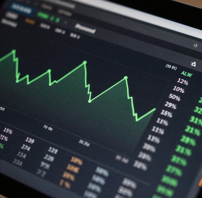 Tight macro crop of a high-fidelity analytics dashboard, showing sharp green trend vectors and structured keyword lists on a dark charcoal screen.