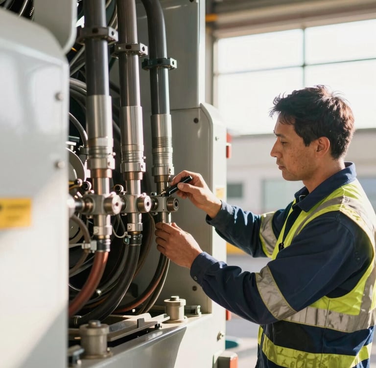 A certified mechanic in high-visibility gear inspecting hydraulic lines on a heavy machine in a bright workshop, crisp details, 35mm lens