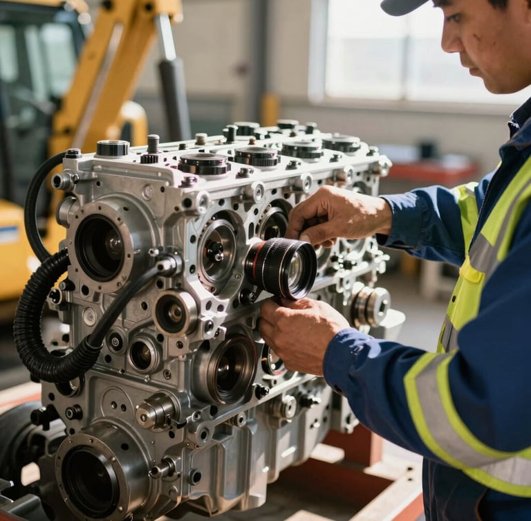 Close-up of a certified mechanic in clean, high-visibility gear working on a heavy machinery engine block, crisp workshop environment, bright natural light, 35mm lens